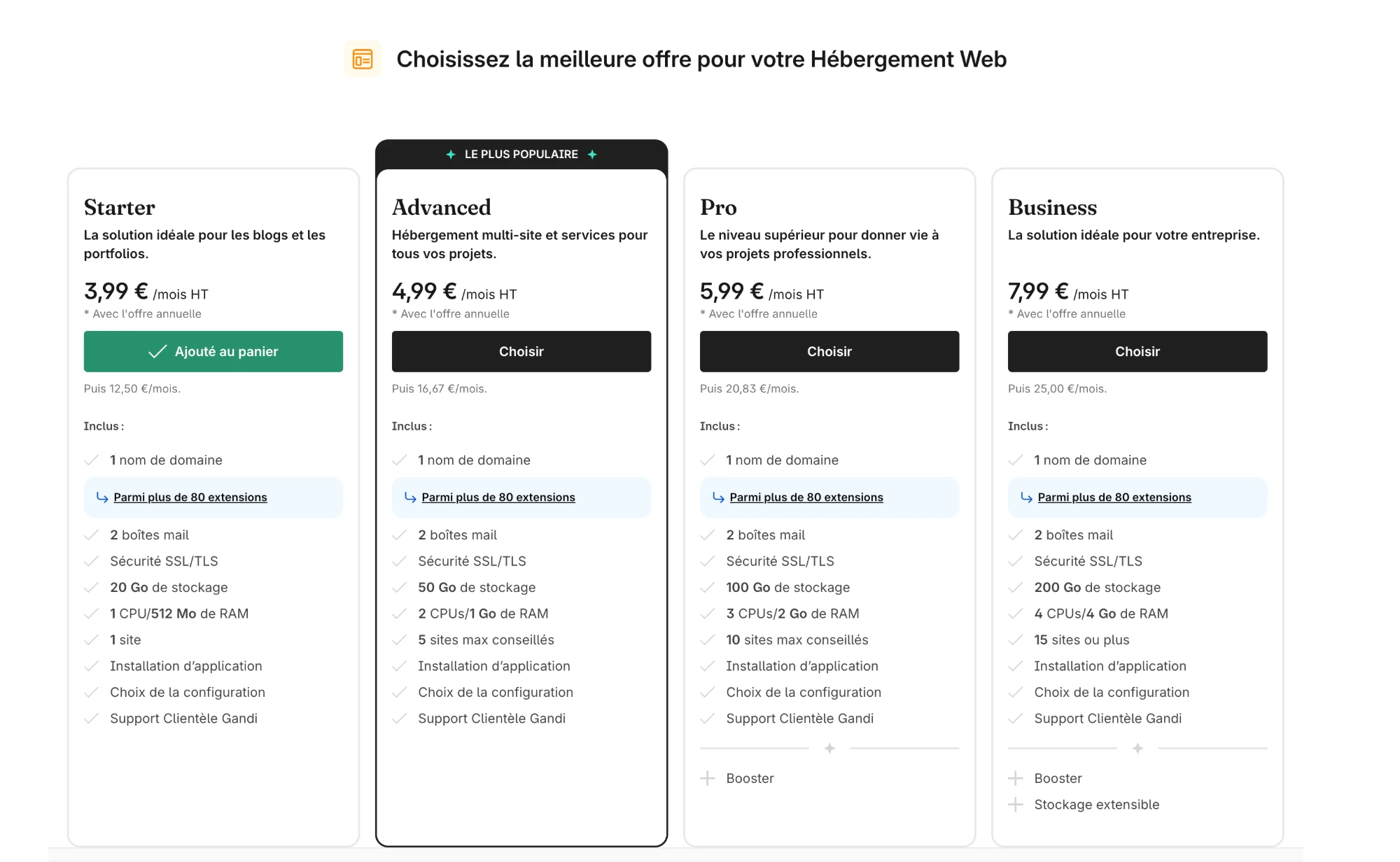 Tarifs Gandi hébergement web : offres Starter, Advanced, Pro et Business avec prix de renouvellement