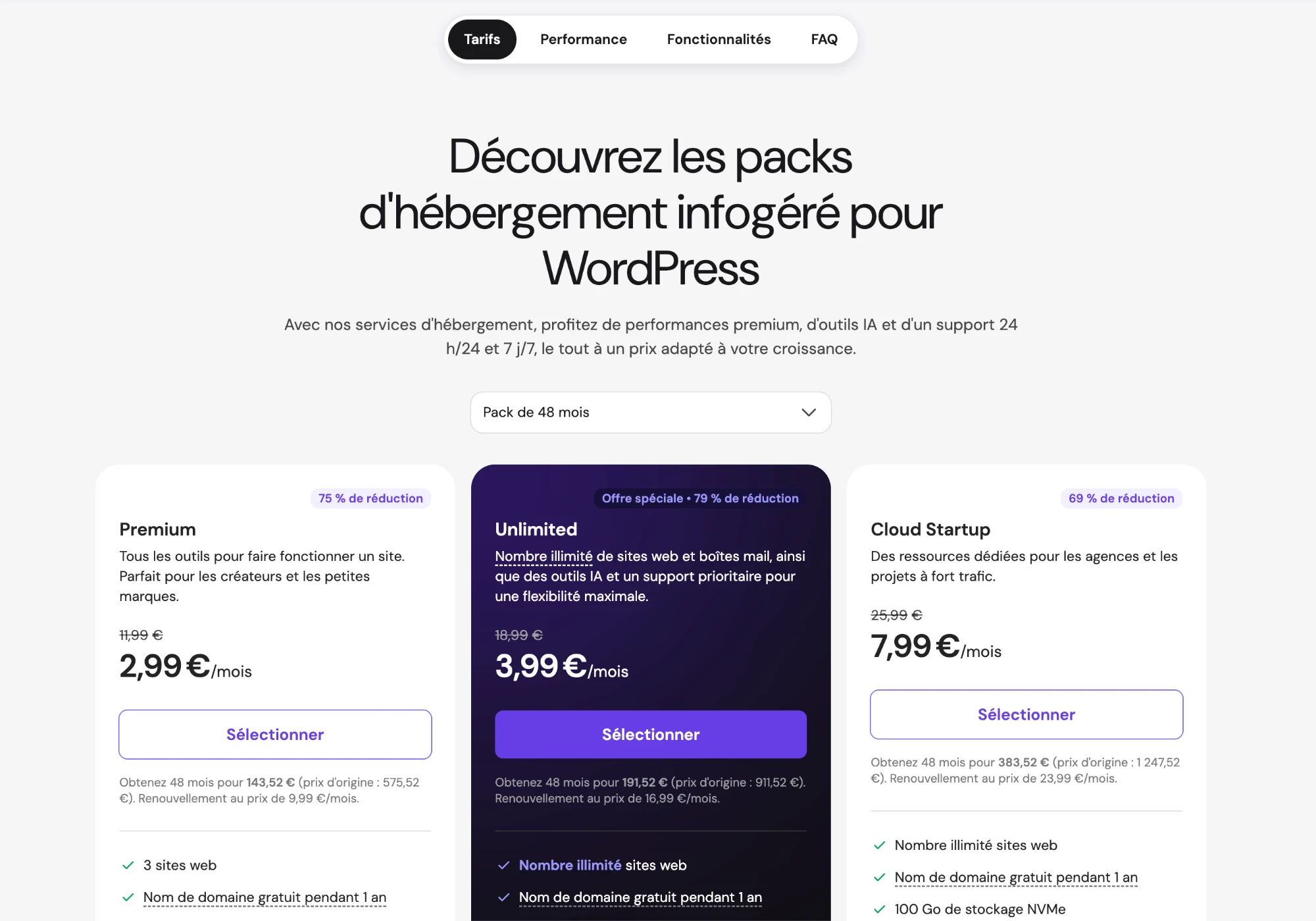 Tarifs Hostinger hébergement WordPress 2026 : offres Premium, Unlimited et Cloud Startup sur 48 mois