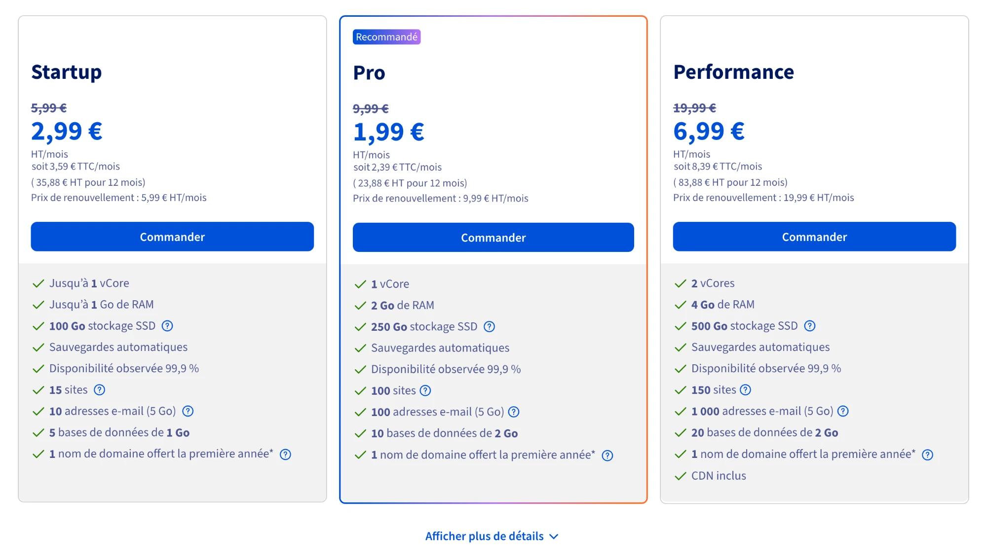 Tarifs OVH hébergement WordPress : offres Startup, Pro et Performance avec prix de renouvellement
